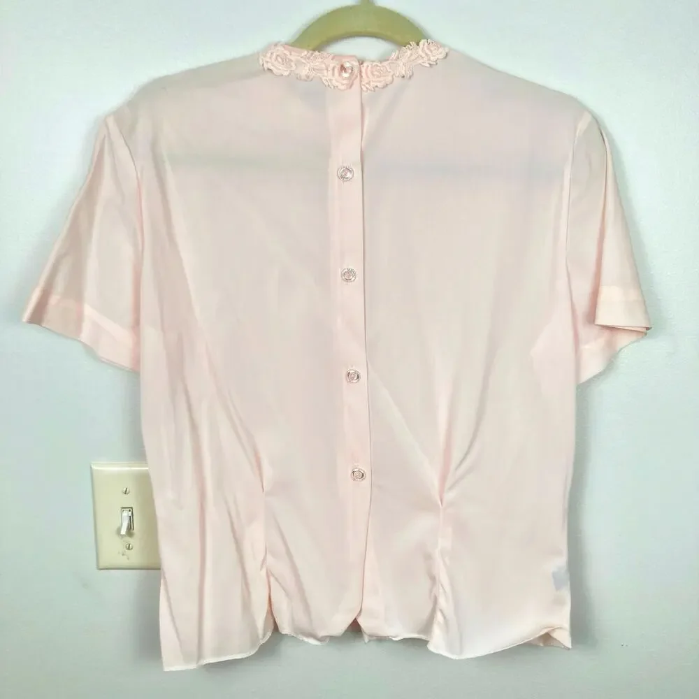VTG Pink Pleated Sheer Button Back Blouse Size M Rosette Beaded Collar Victorian